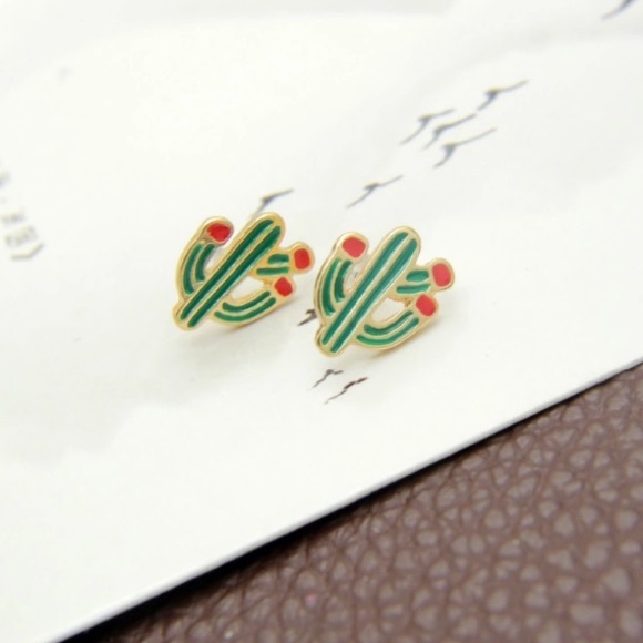 Cutesy Cactus Stud Earrings Green Red Dainty New - Picture 2 of 5